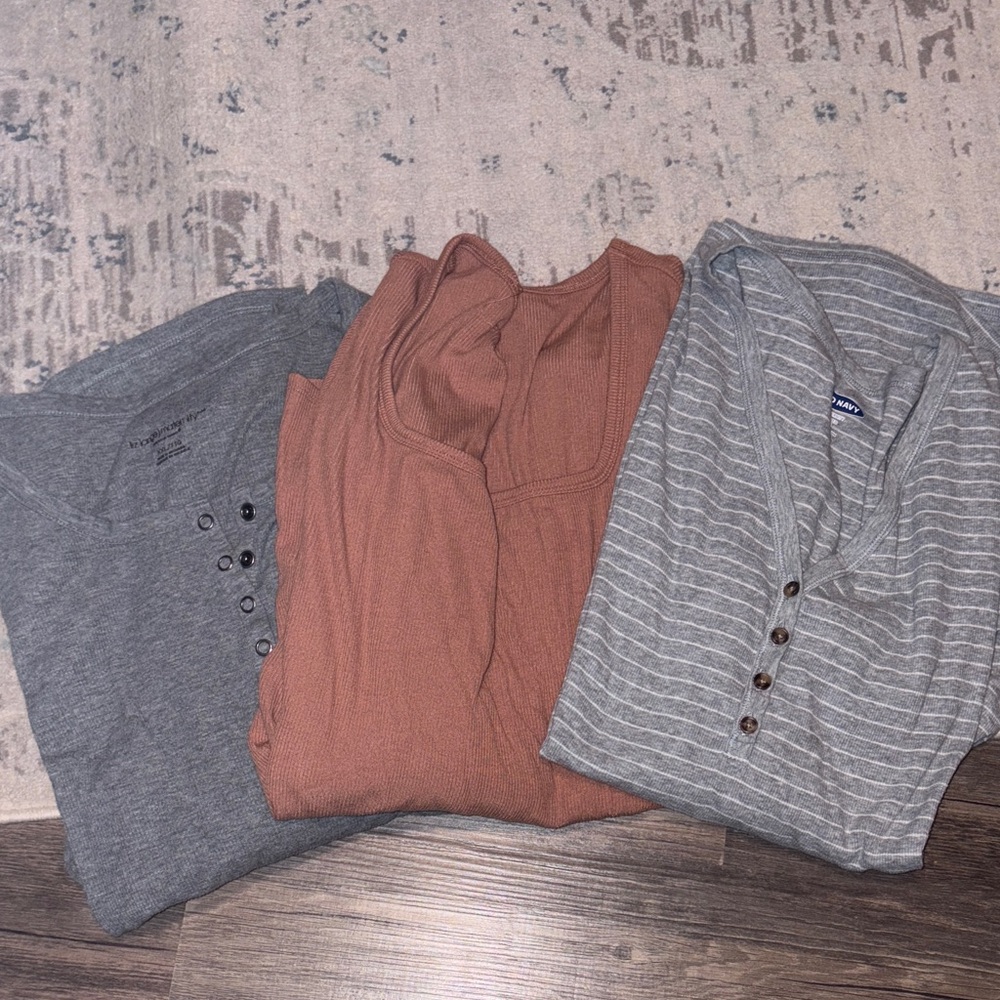Set of Three Henley Shirts in Gray, Rust, and Striped Gray maternity